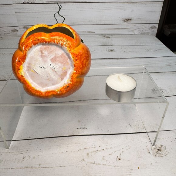 Ceramic Halloween Pumpkin Tea Light Holder Carved Face Green Leaves Fall Decor - Picture 5 of 8